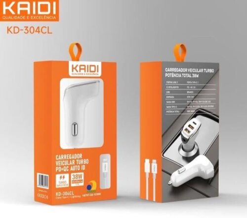 Carregador Veicular USB-C Kaidi KD-304 Turbo 38W Carregamento Rápido 3 Saidas